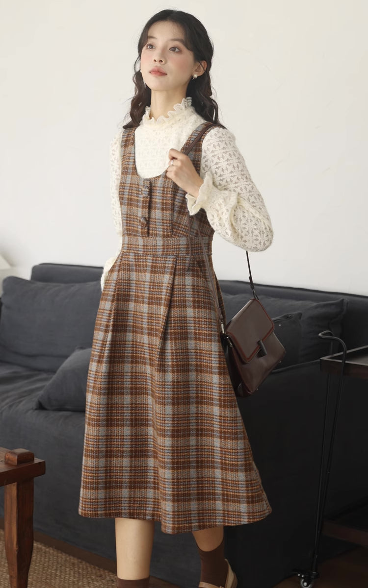 Sunset Plaid Pinafore Midi Dress (Brown)