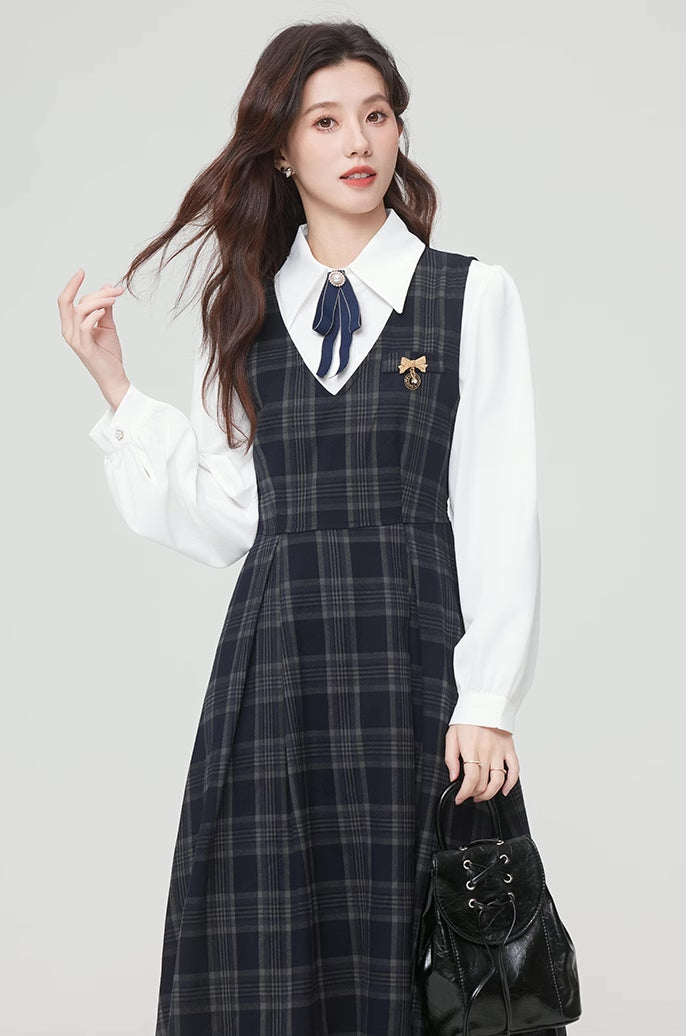 Oxford Plaid Midi Pinafore & Blouse Set (Navy)