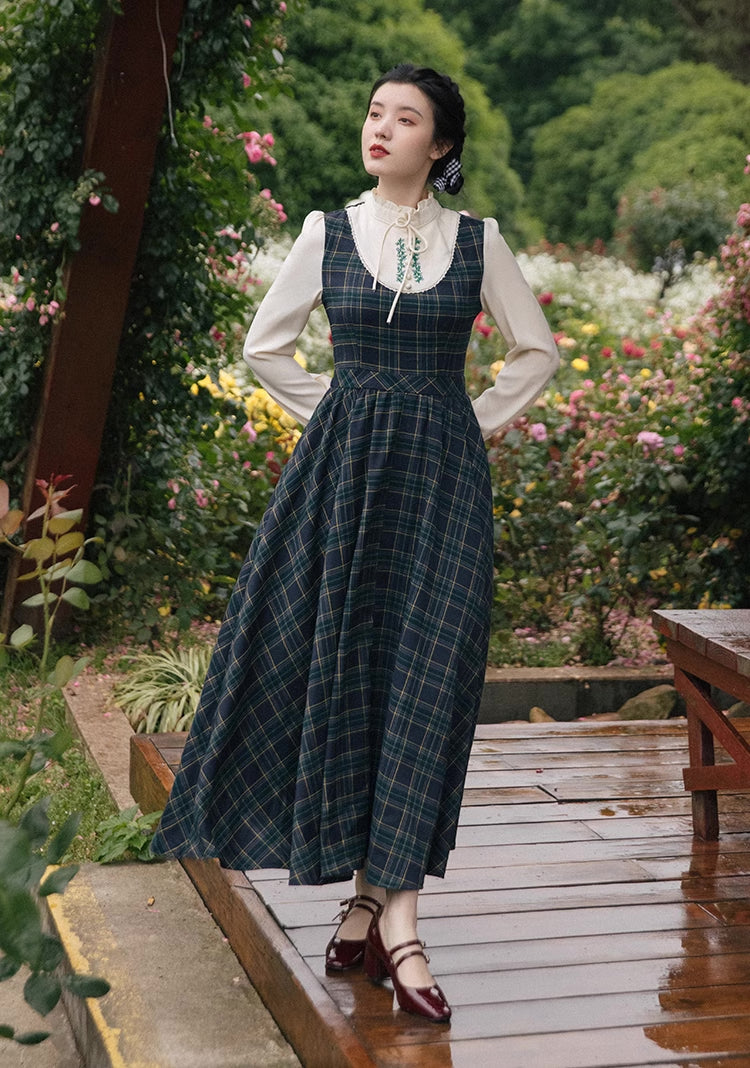 Pine Plaid Twofer Midi Dress (Teal/White)