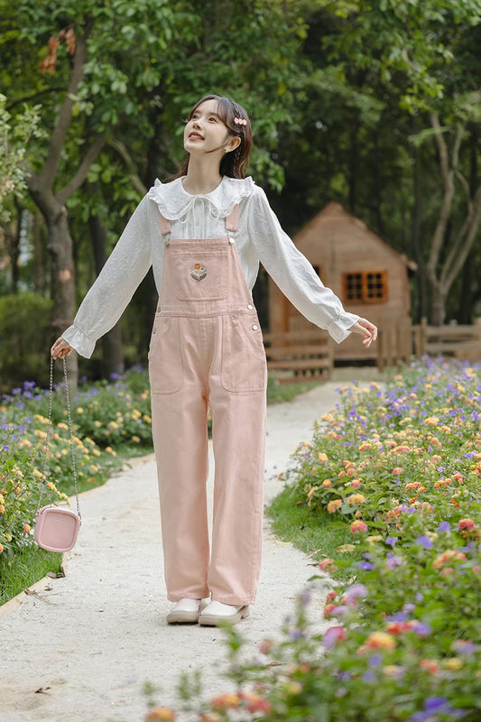 Flower Bouquet Embroidered Overalls (Pink)