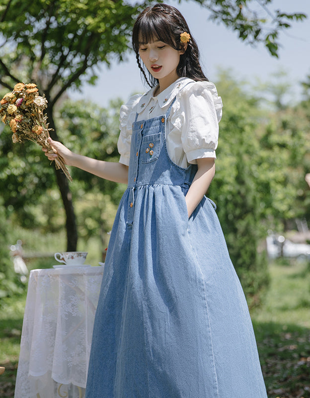Button Up Poppy Pinafore (Medium Denim)