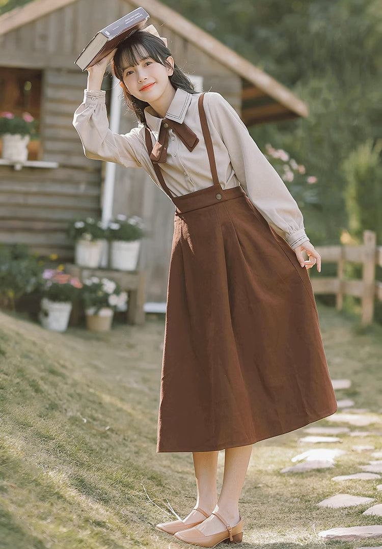Corduroy Suede Suspender Skirt / Blouse (Brown)