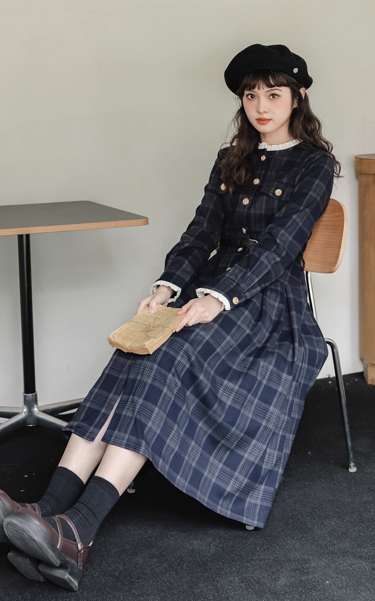 Academia Plaid Button Midi Dress (Navy)