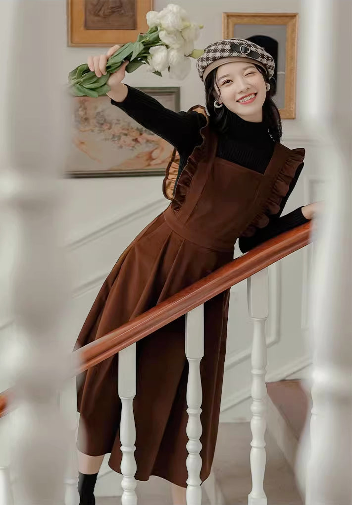 Frilly Corduroy Apron Pinafore Dress (3 Colors)