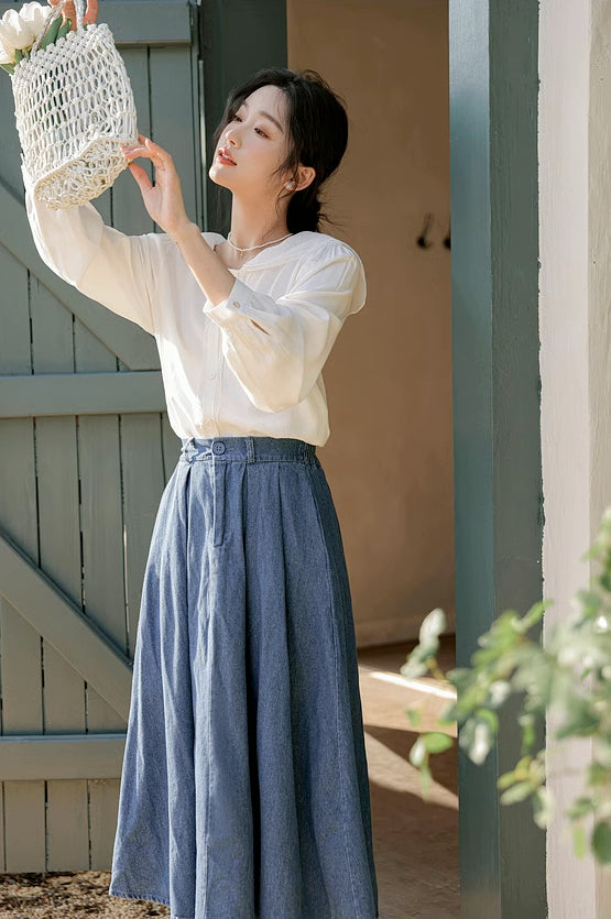 Pleated Denim Midi Skirt (3 Colors)