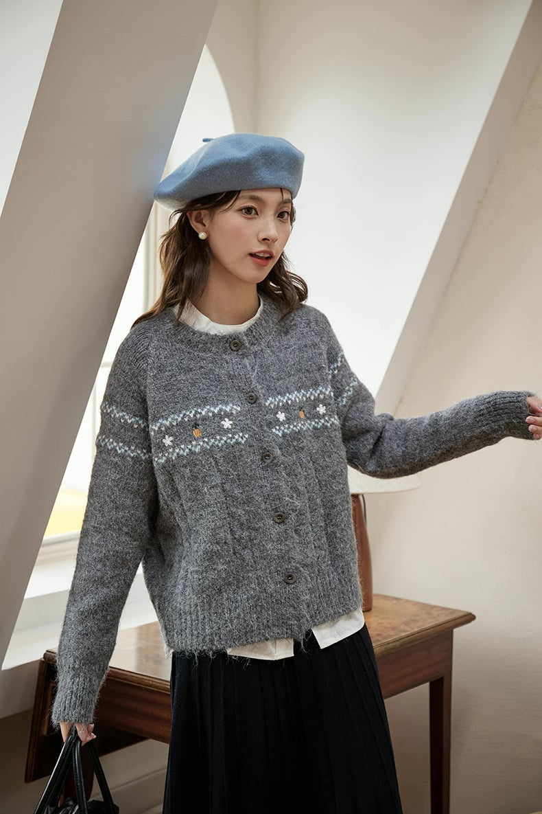Floral Embroidered Round Neck Cardigan (3 Colors)