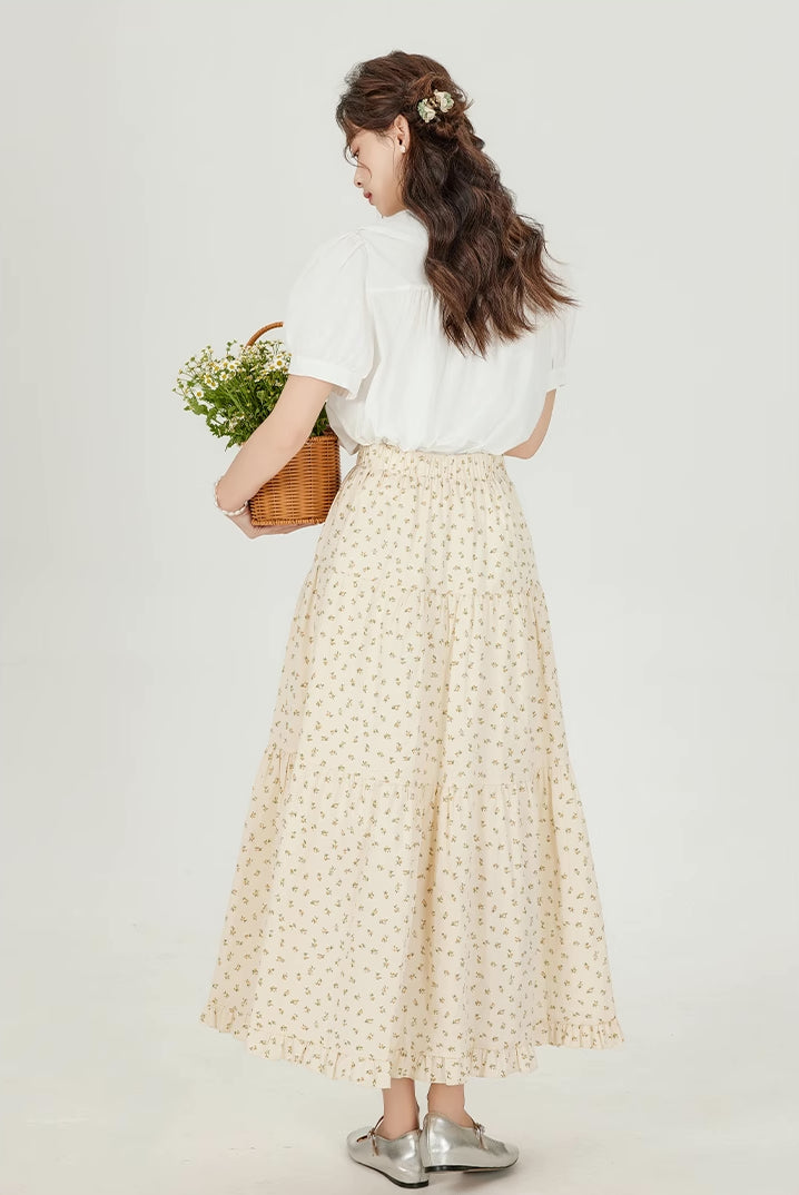 Ditsy Floral Tiered Midi Skirt (Cream)