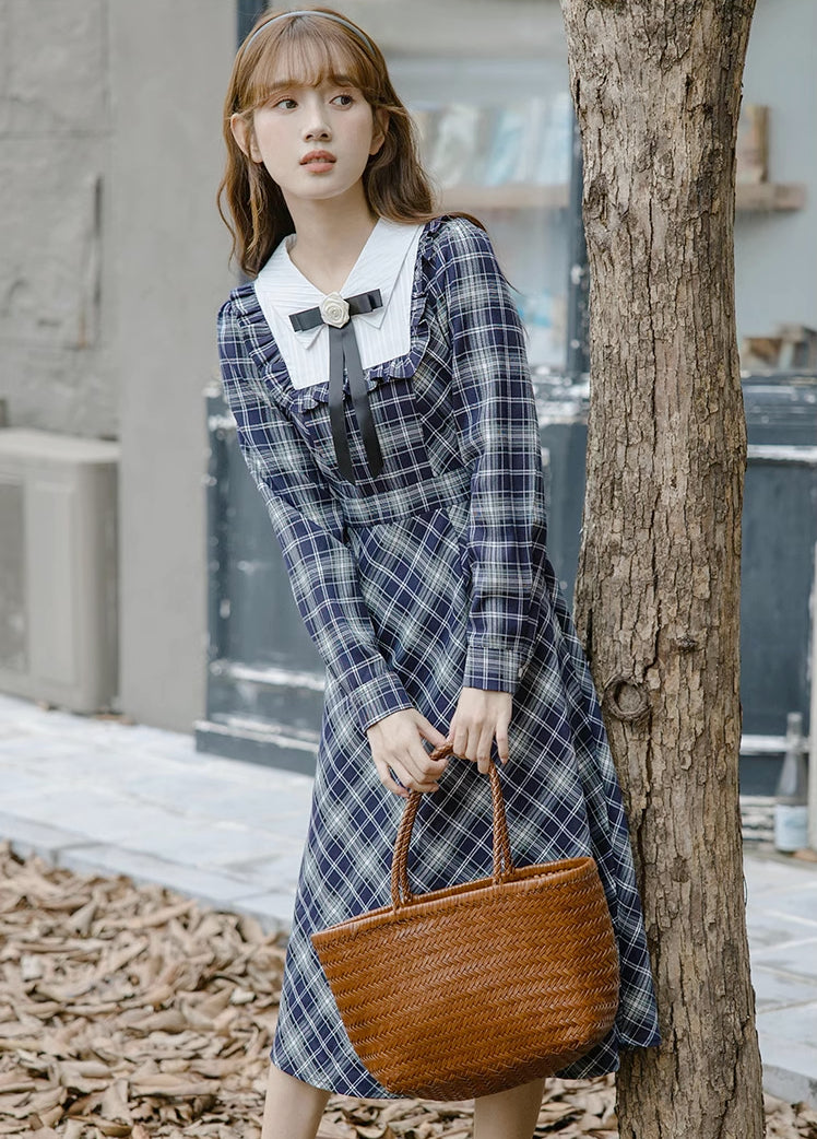 Uni Plaid Midi Dress (Navy) M Uni Plaid Midi Dress (Navy) M