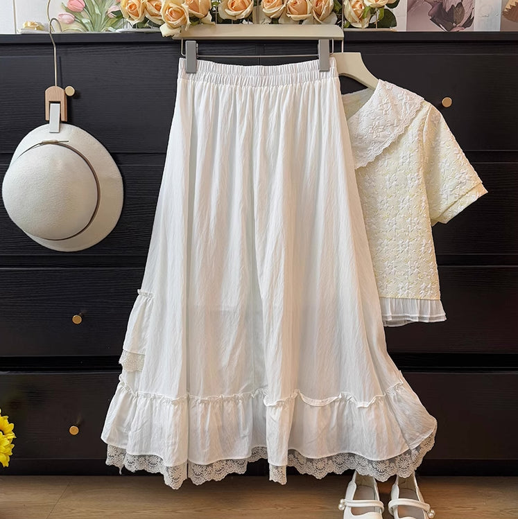 Asymmetrical Lace Hem Midi Skirt (5 Colors)