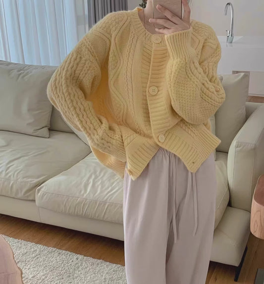 Cable Knit Round Neck Cardigan (7 Colors)