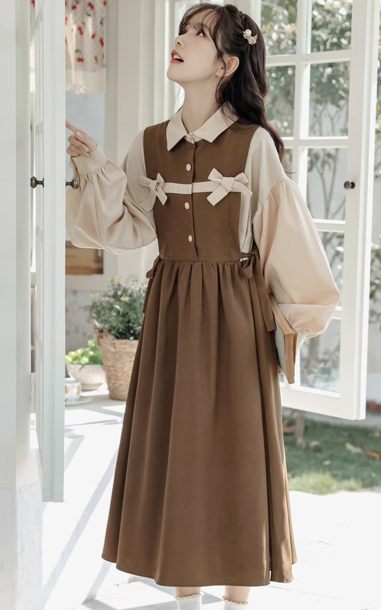 Cocoa Bows Twofer Midi Dress (Brown)