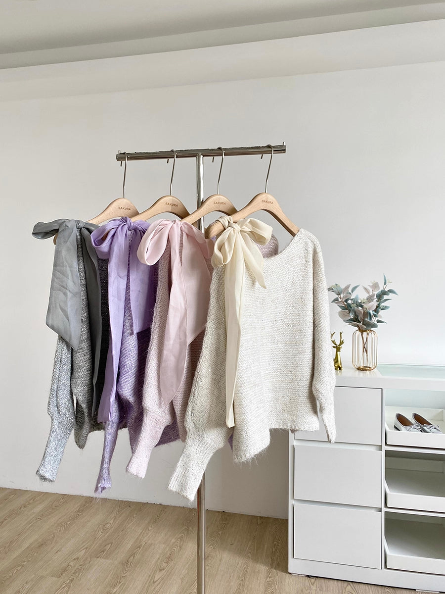 Sequin Off Shoulder Bow Sweater (4 Colors)