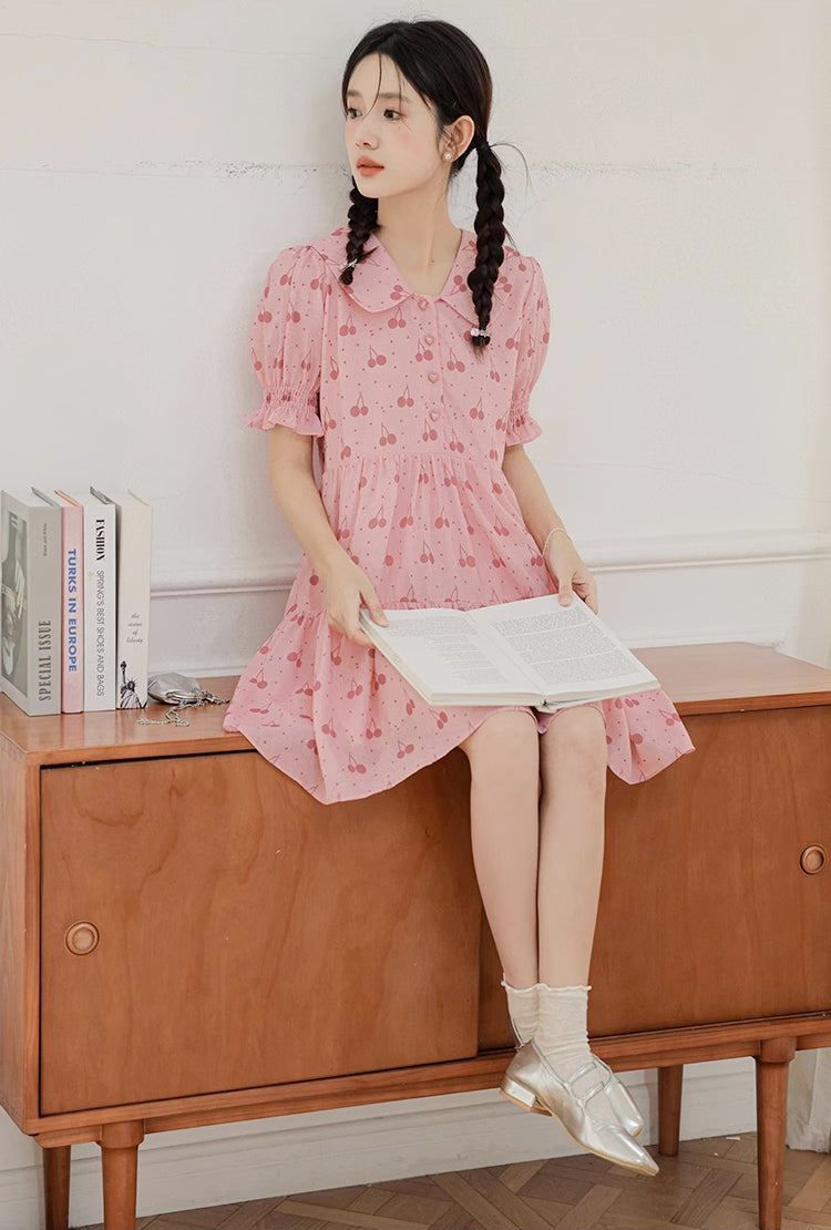 Sweet Cherry Tiered Shirt Dress (Pink)