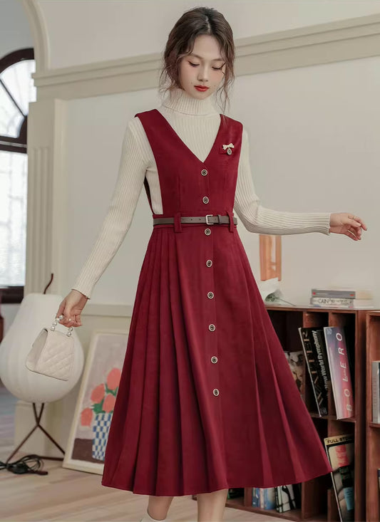 Corduroy Button Pleated Midi Pinafore (2 Colors)