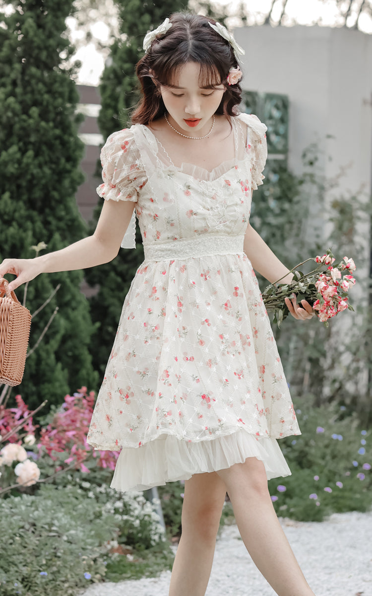 Dainty Rose Petticoat Mini Dress (White)