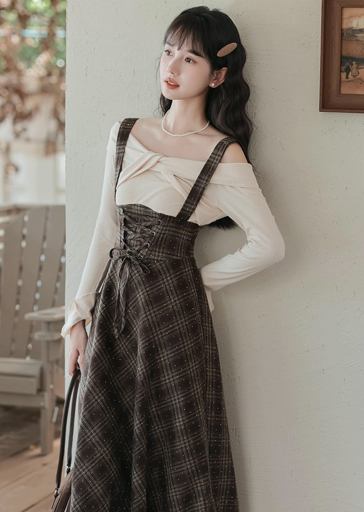 Snowy Plaid Twofer Suspender Midi Dress (Cream/Brown)