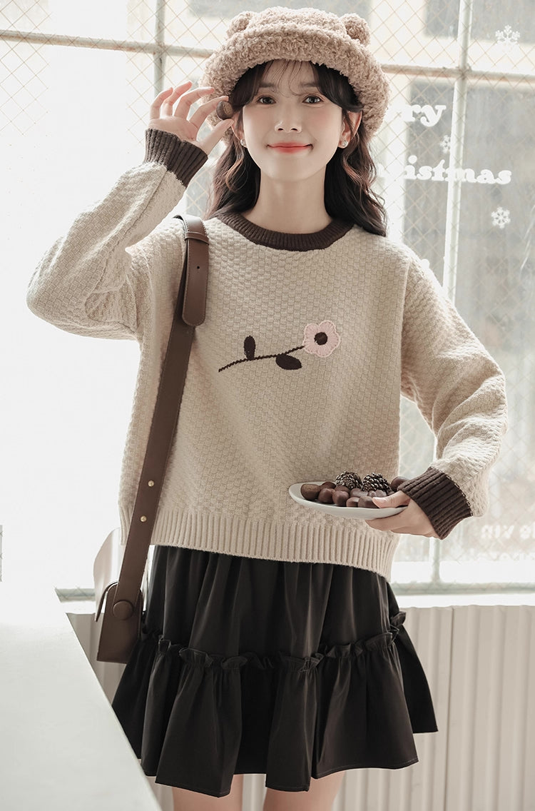Waffle Knit Flower Sweater (2 Colors)