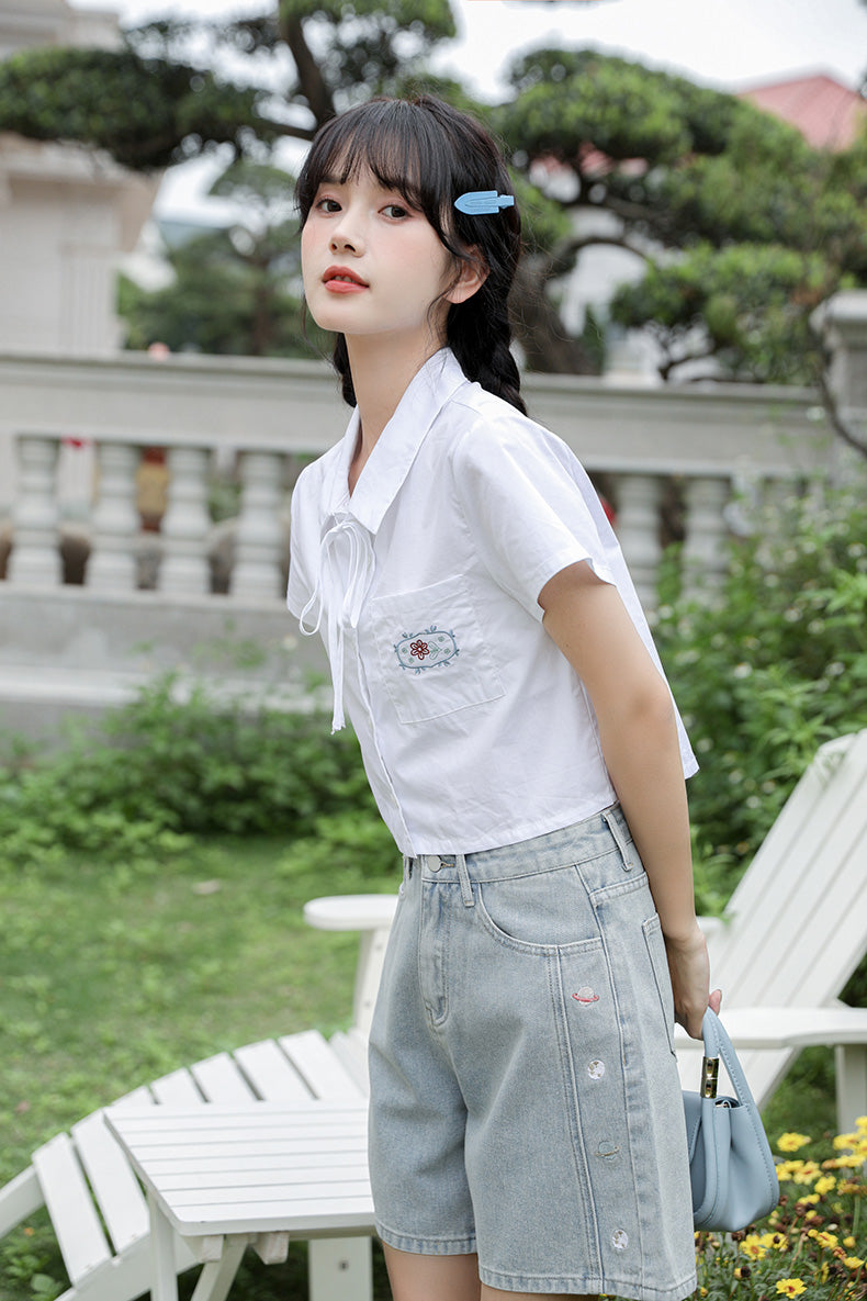 Saturn Embroidered Shorts (Light Denim)