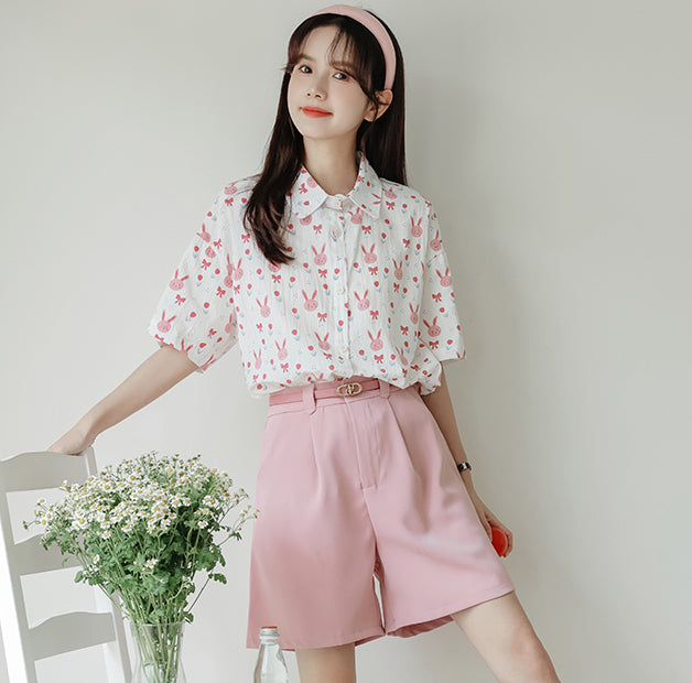 Pink Bunny Button Up Shirt (White)