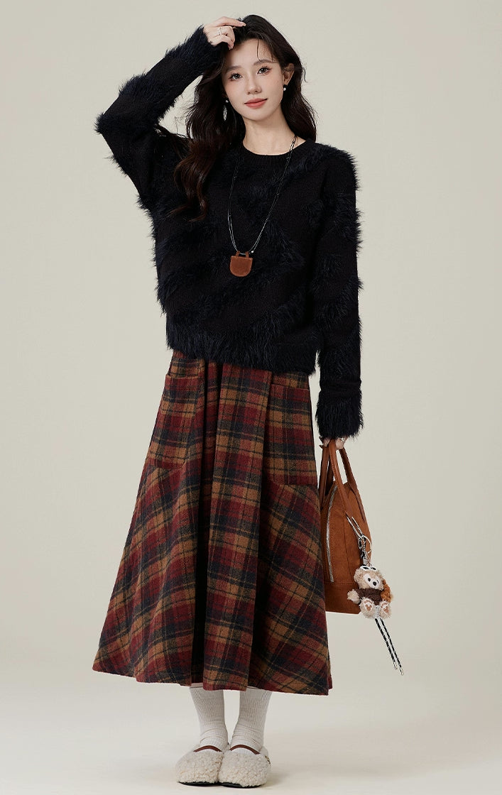 Bookshop Plaid Midi Skirt (Red/Khaki)