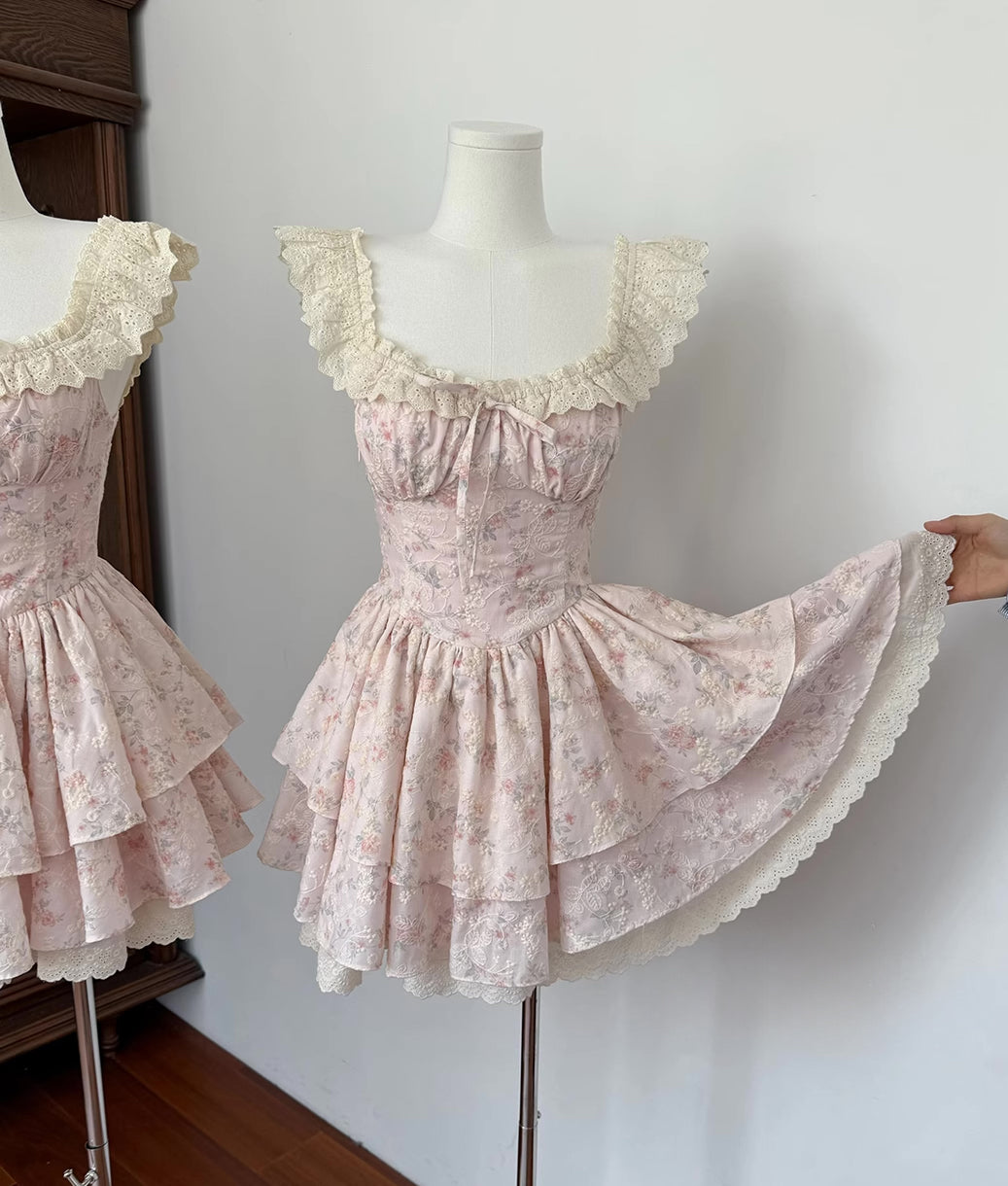 Floral Broderie Flutter Sleeve Mini Dress (Pink)