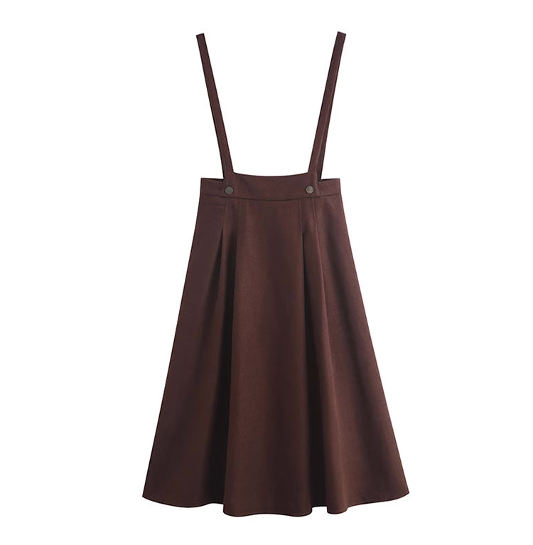 Corduroy Suede Suspender Skirt / Blouse (Brown)