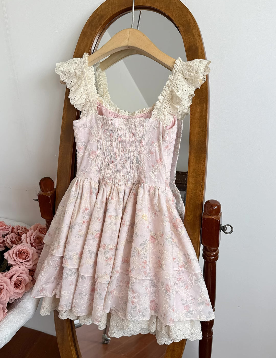 Floral Broderie Flutter Sleeve Mini Dress (Pink)