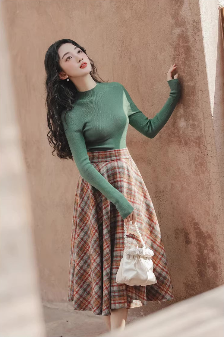 Maple Plaid Midi Circle Skirt (Multicolor)