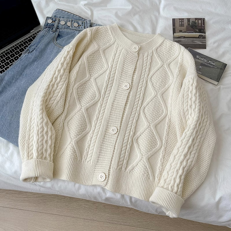 Cable Knit Round Neck Cardigan (7 Colors)