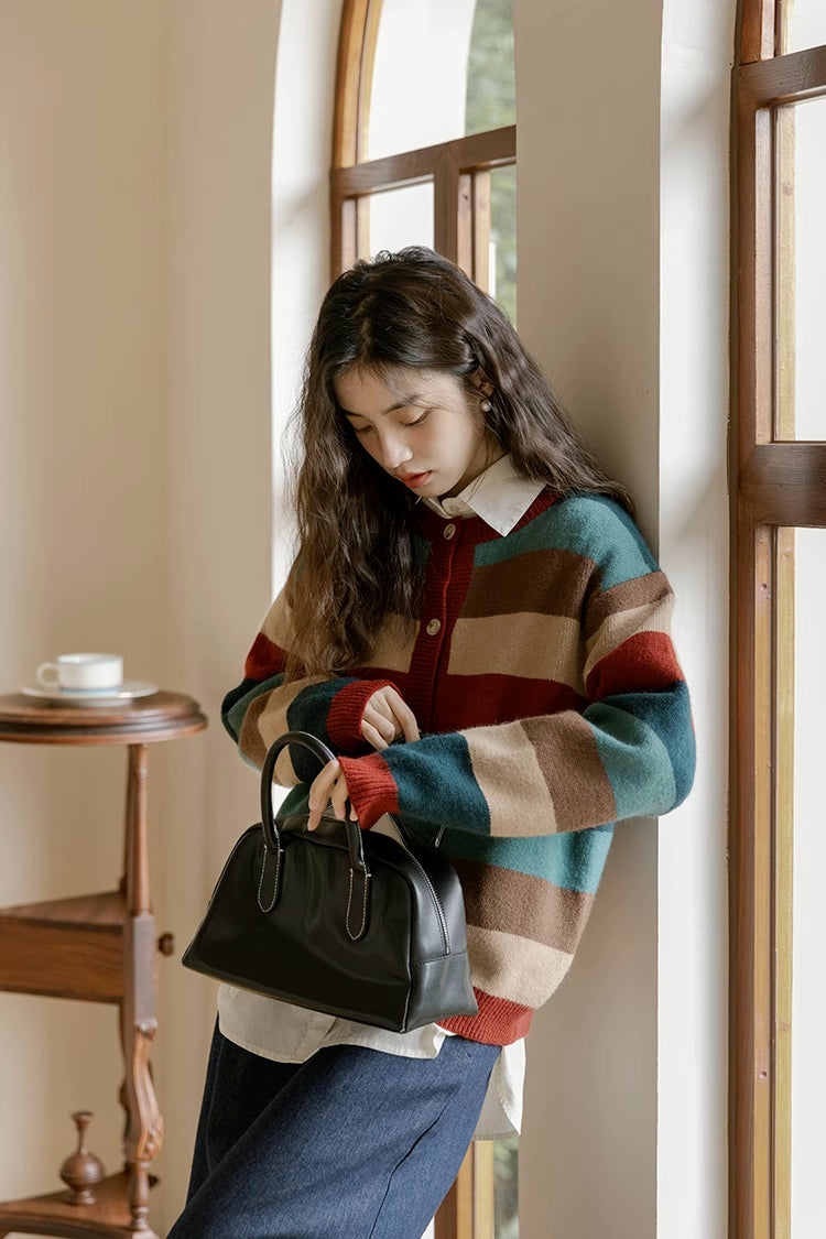Cozy Stripe Cardigan (Maroon/Teal)