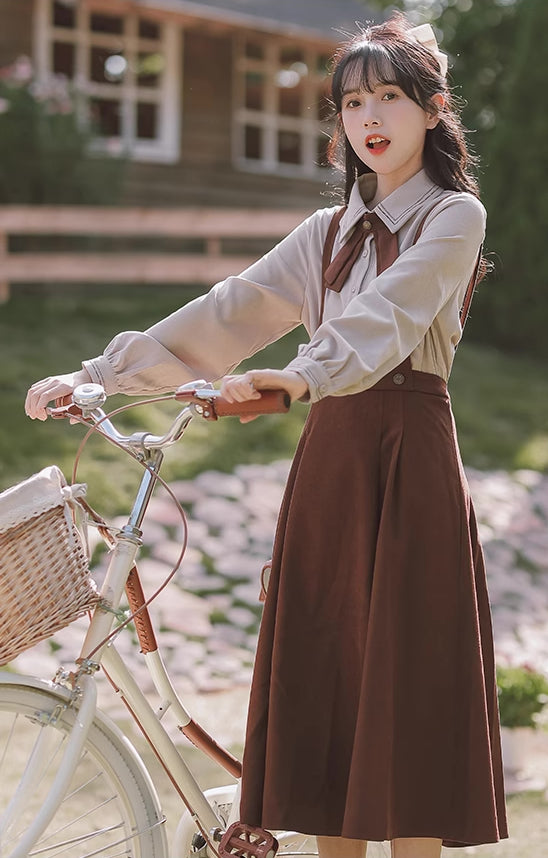 Corduroy Suede Suspender Skirt / Blouse (Brown)