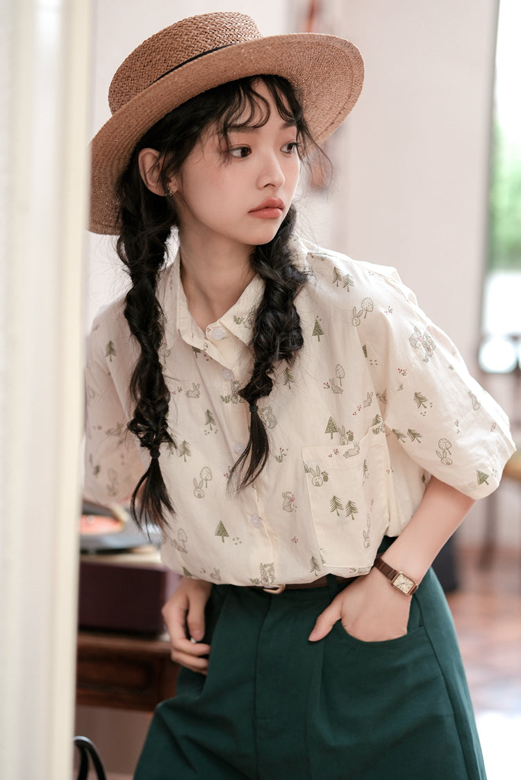 Boyfriend Forest Bunny Button Up Shirt (Beige)