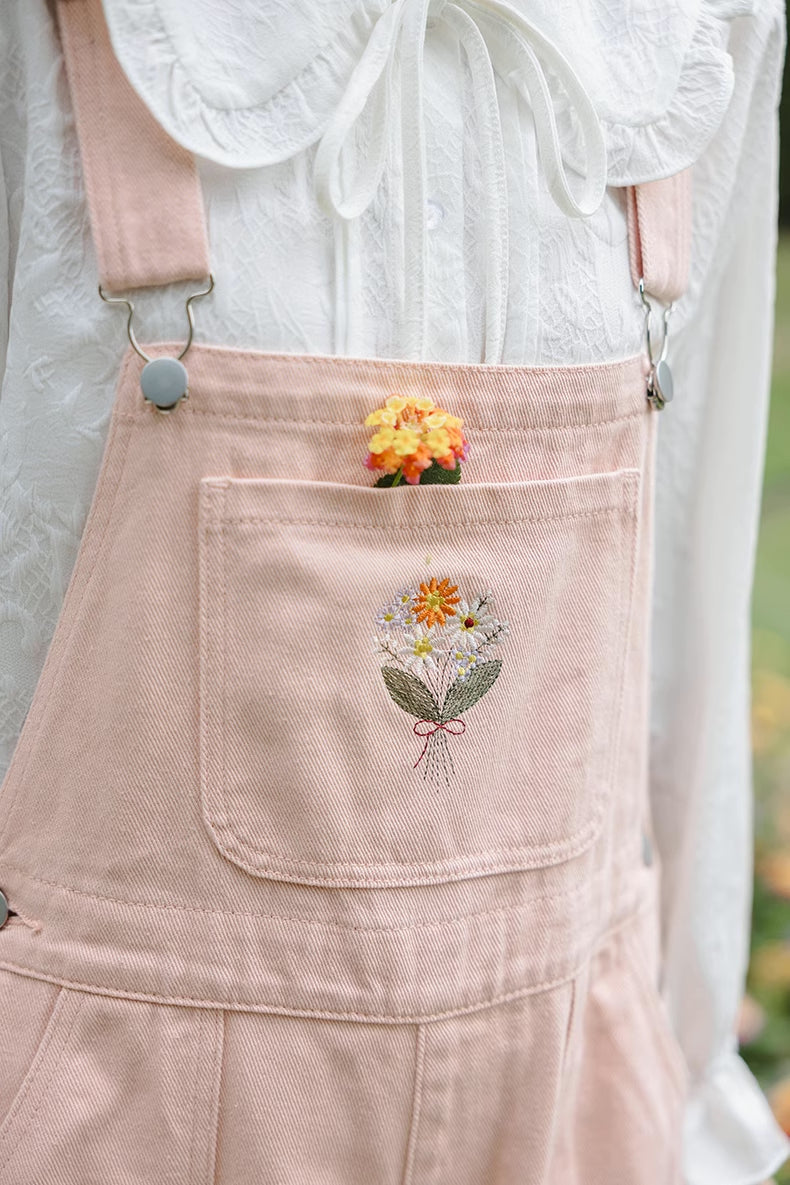 Flower Bouquet Embroidered Overalls (Pink)