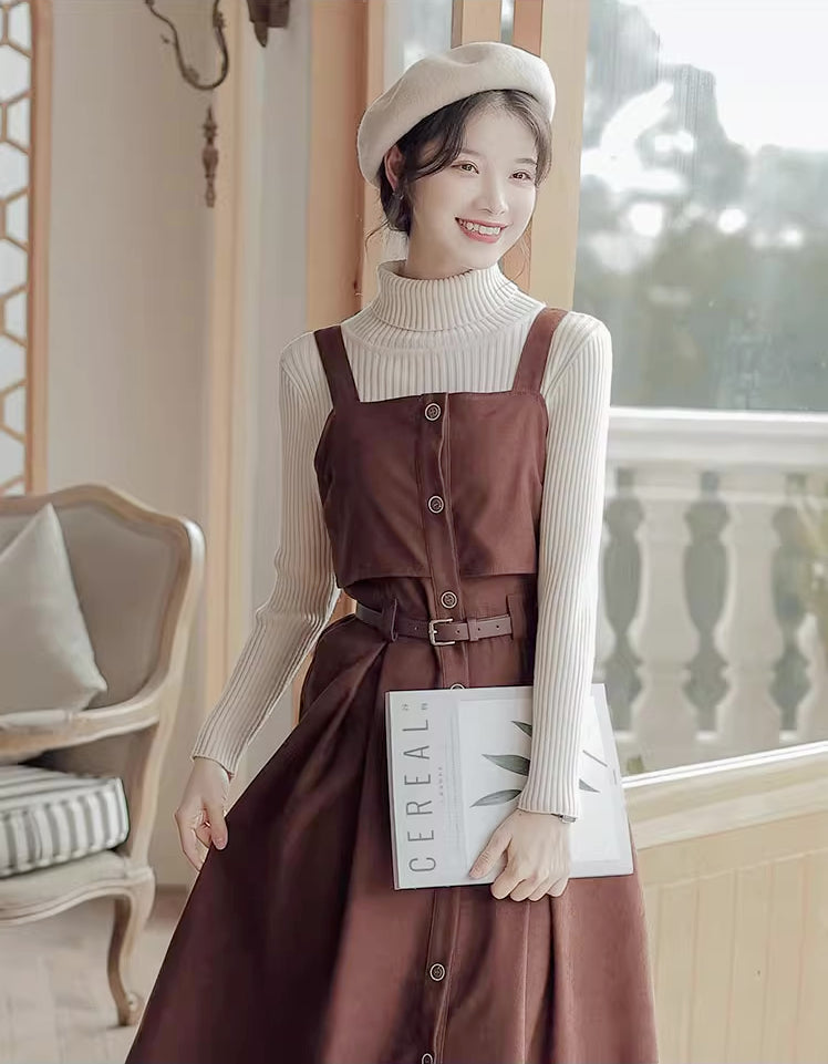 Suede Button Up Cami Pinafore Dress (4 Colors)