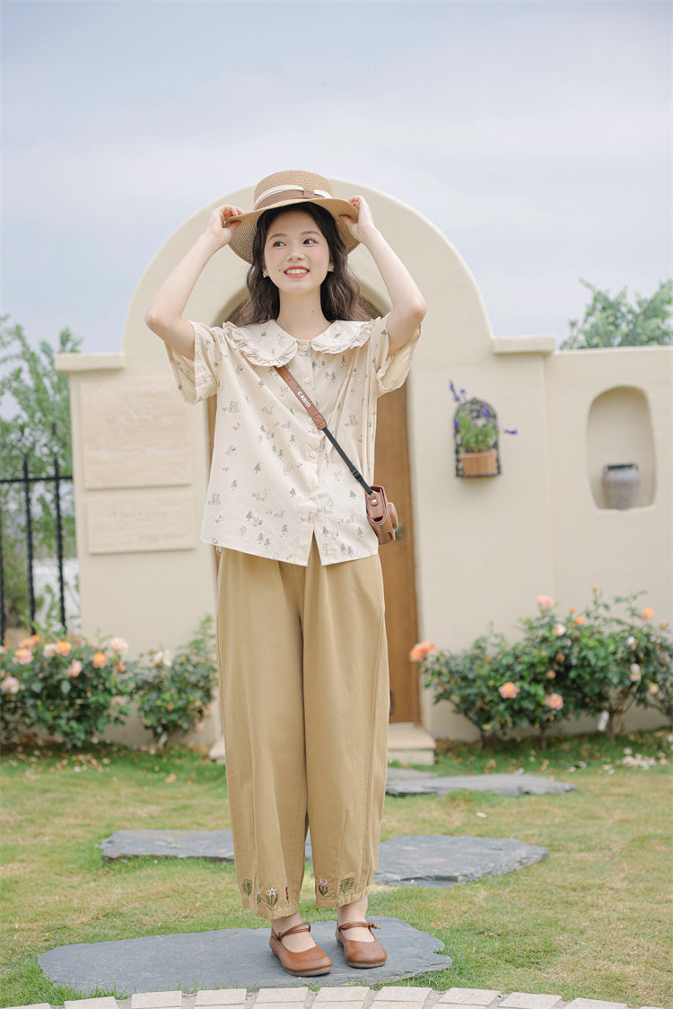 Forest Bunny Button Up Shirt (Beige)