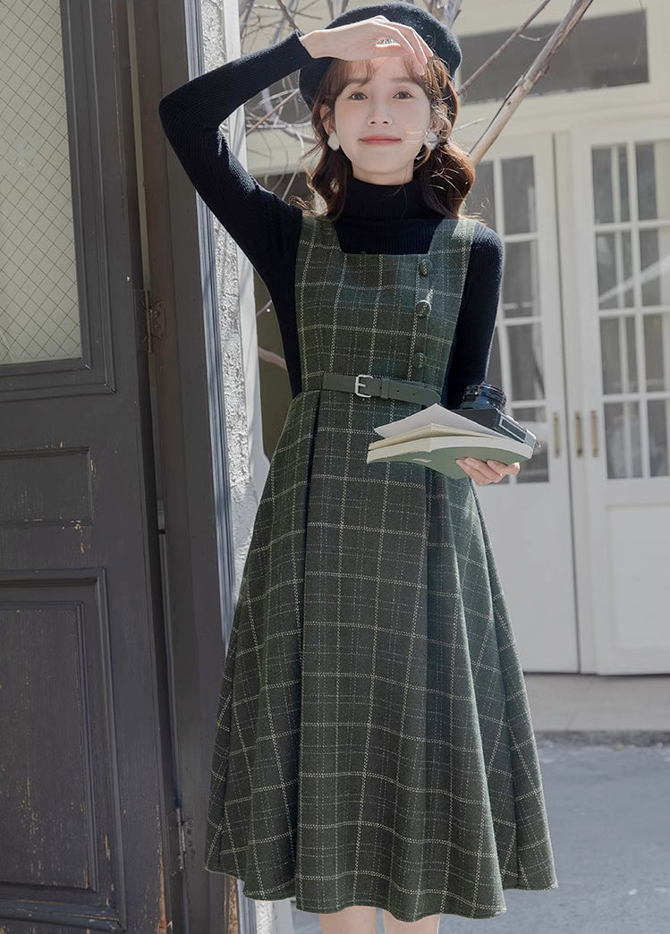 Belted Plaid Pinafore Dress (3 Colors)