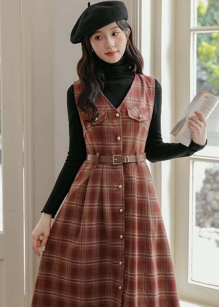 Ginger Plaid Pinafore Midi Dress (2 Colors)