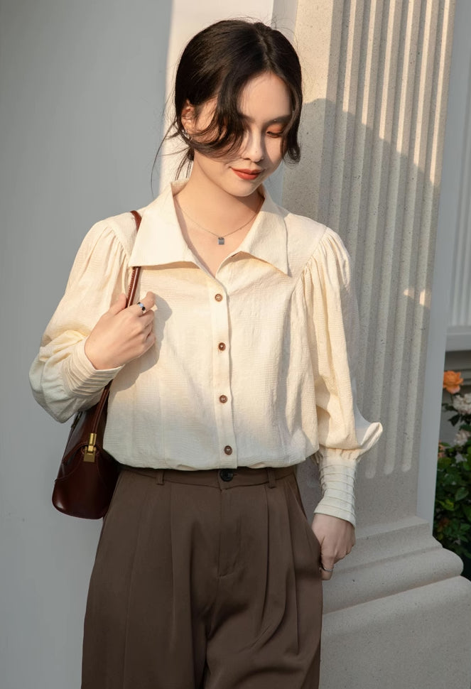 Textured Puff Sleeve Blouse (Cream)