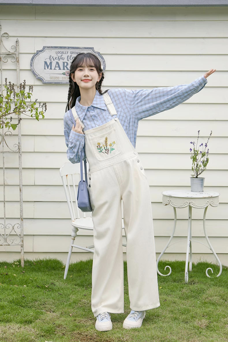 Wildflower Embroidered Overalls (White)