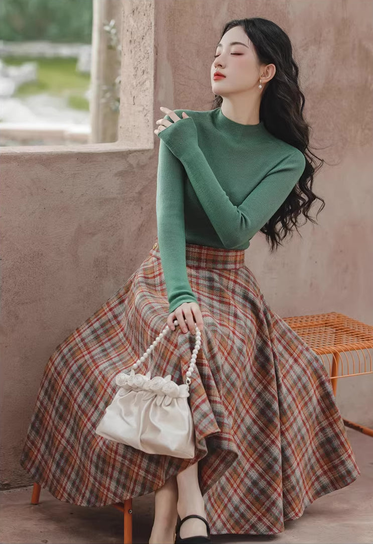 Maple Plaid Midi Circle Skirt (Multicolor)