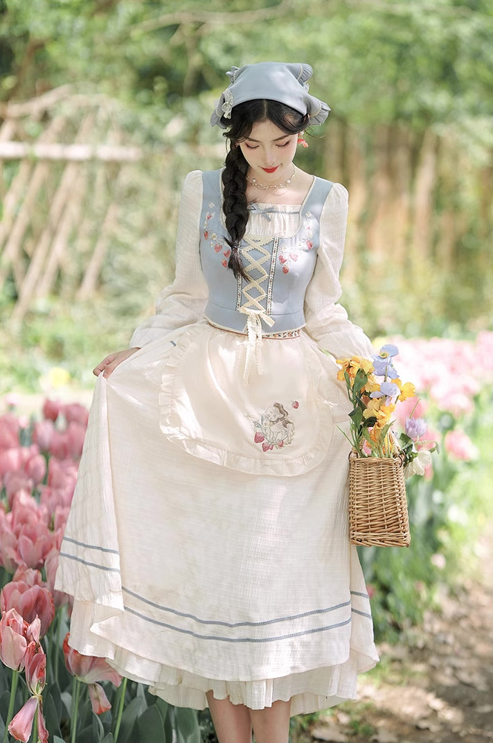 Mary's Little Lamb Midi Dress (White/Blue) M Mary's Little Lamb Midi Dress (White/Blue) M