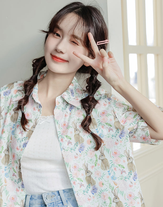 Rabbit Garden Button Up Shirt (White)
