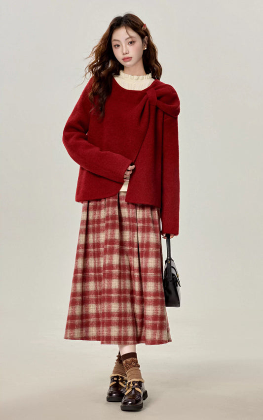 Rustic Plaid Midi Skirt (Red)