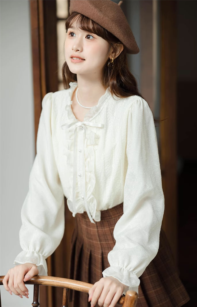 Ruffle Trim Tie Neck Blouse (Cream)