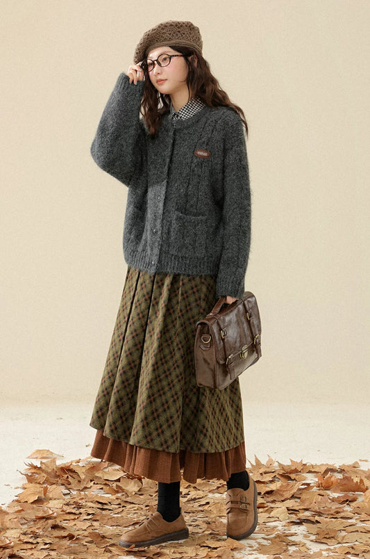 Willow Plaid Pleated Midi Skirt (Green/Brown)