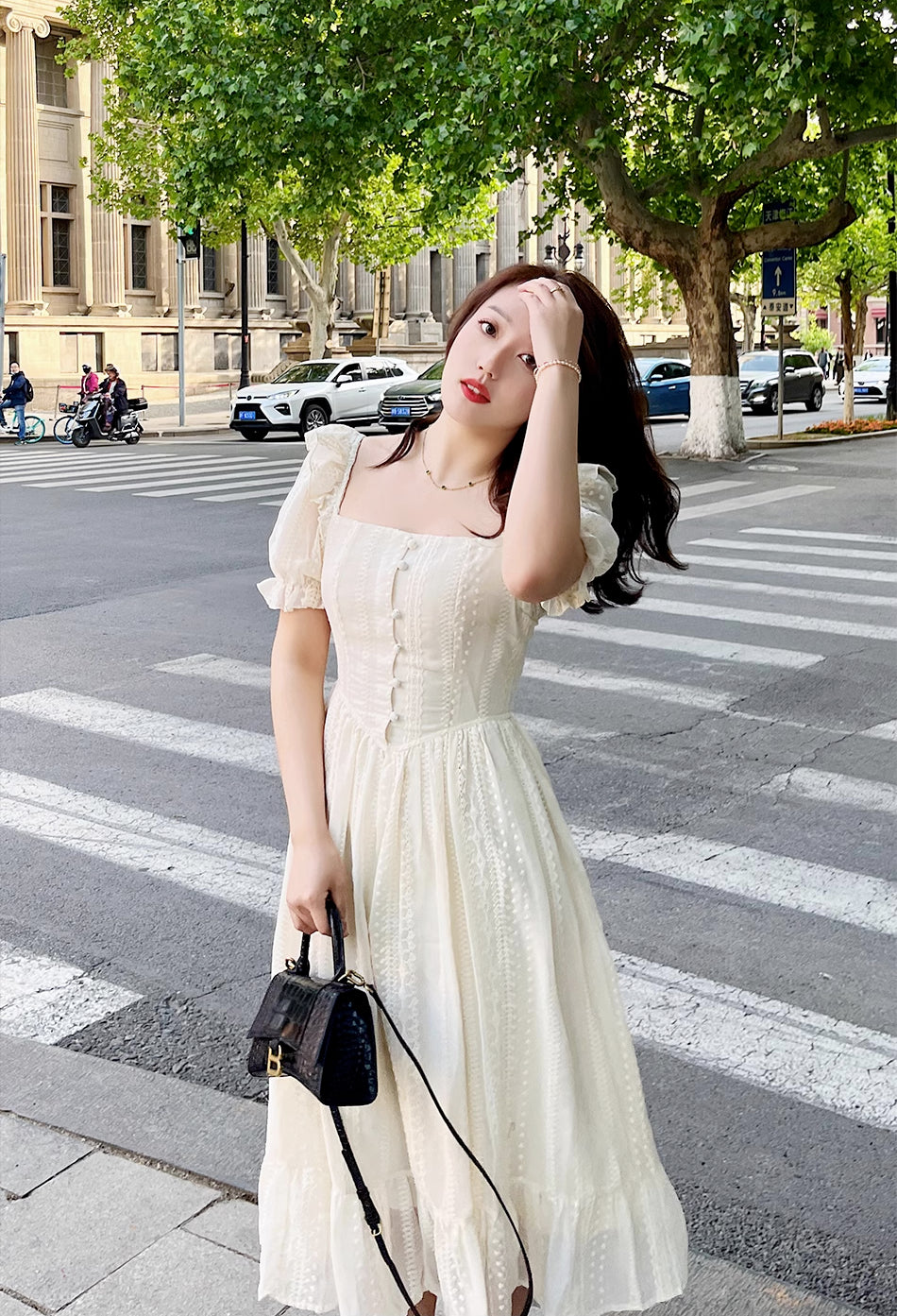 Lace Broderie Midi Dress (Cream)