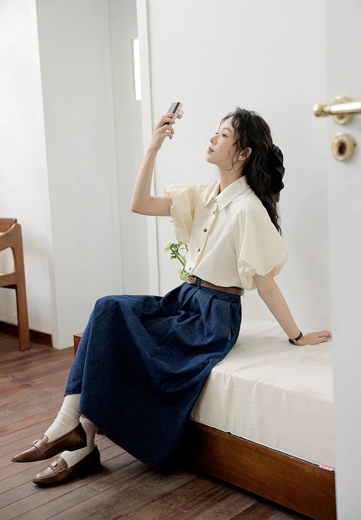 Pleated Denim Midi Skirt (3 Colors)