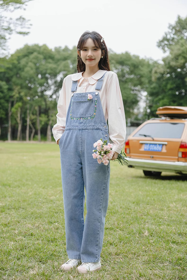 Retro Floral Embroidered Denim Overalls (Medium Blue)