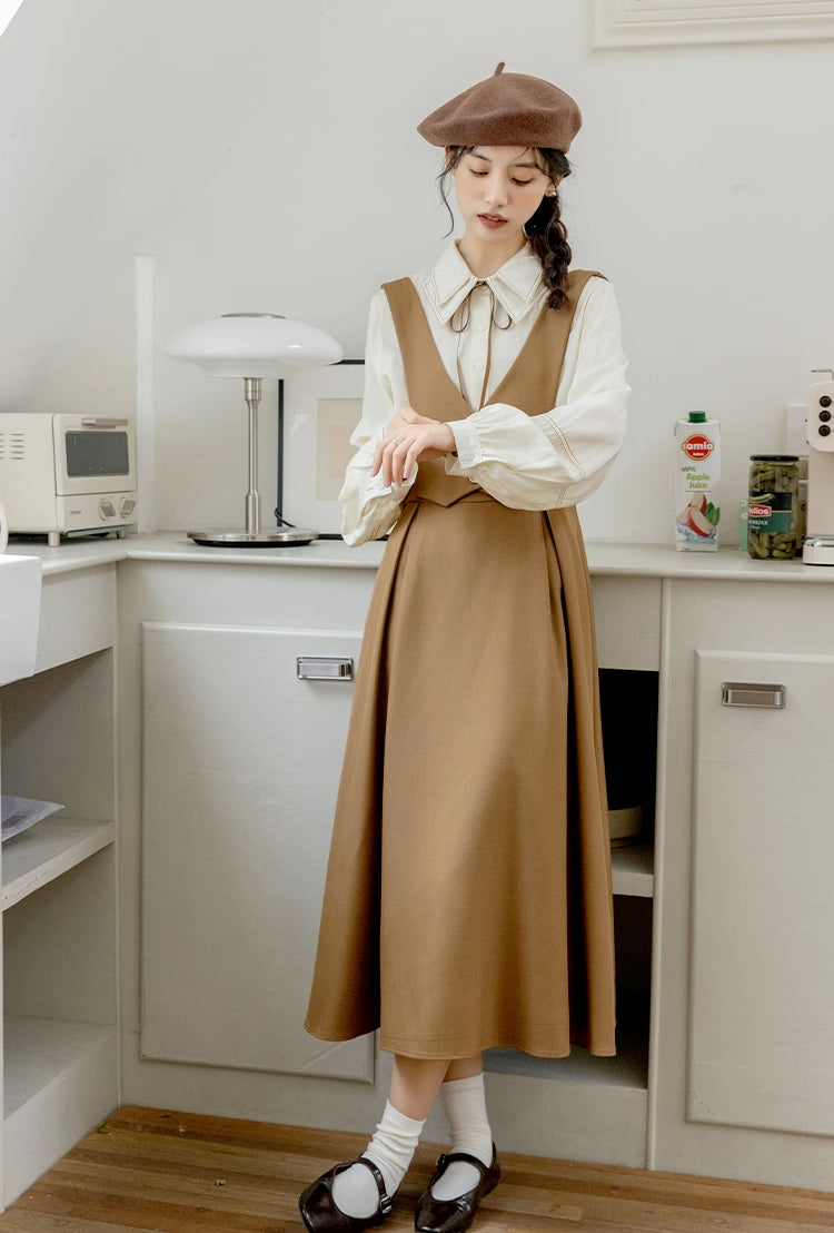 Basic Woven Vest Pinafore Dress / Blouse (2 Colors)