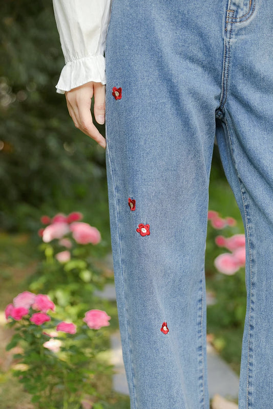 Popping Daisy Embroidered Jeans (Dark Denim)